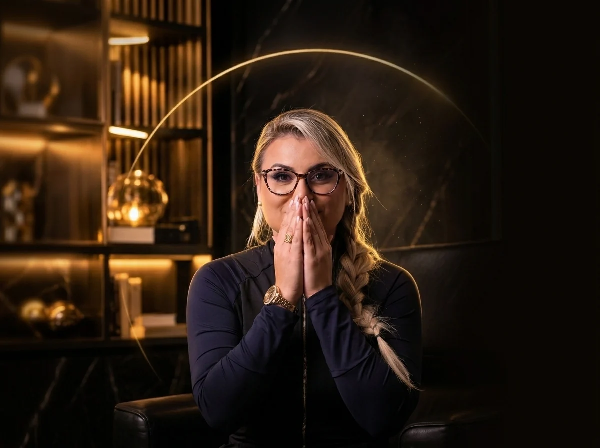 Dra. Danielle Furtado com as mãos na boca, em sinal de segredo